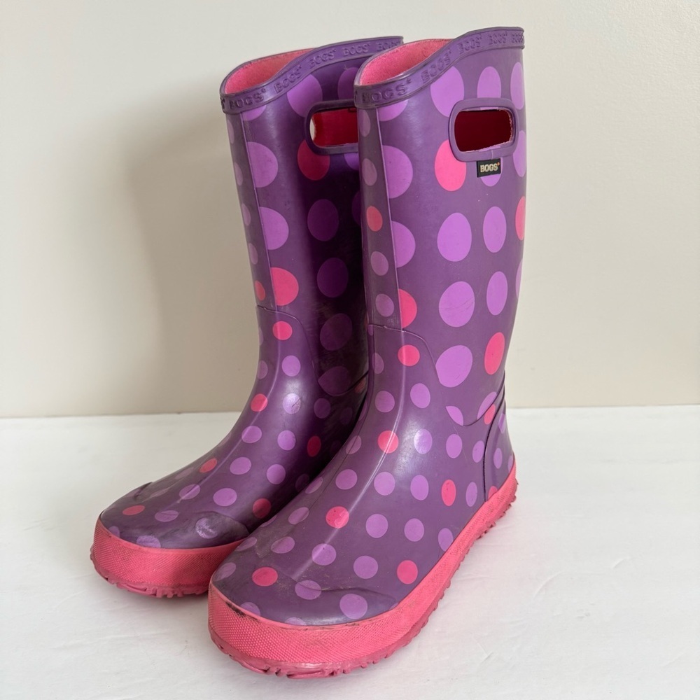 Bogs Rubber Pull On Waterproof Rain Boots Polka Dot Purple Big Kids Youth Size 5 - Picture 2 of 13